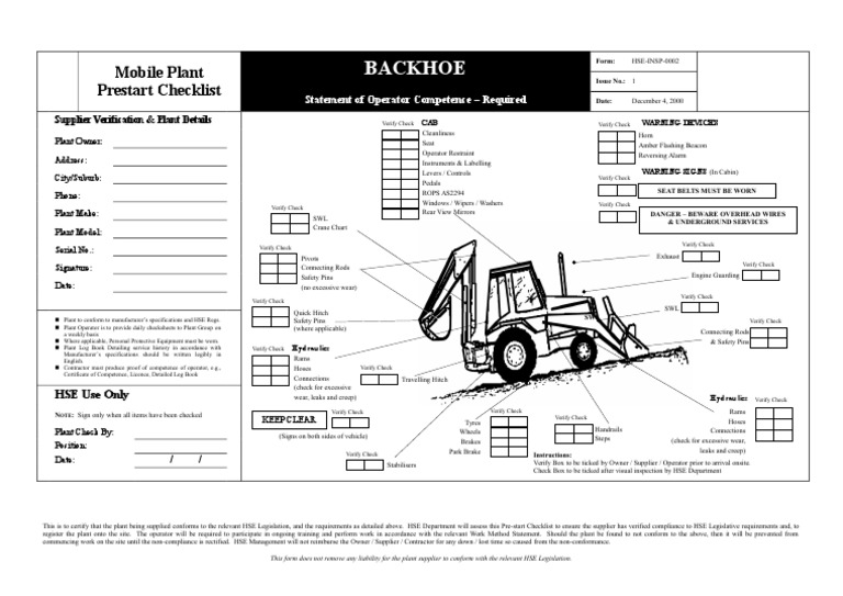 02 INSP 0002 BackHoe Check | PDF | Transport | Vehicle Technology