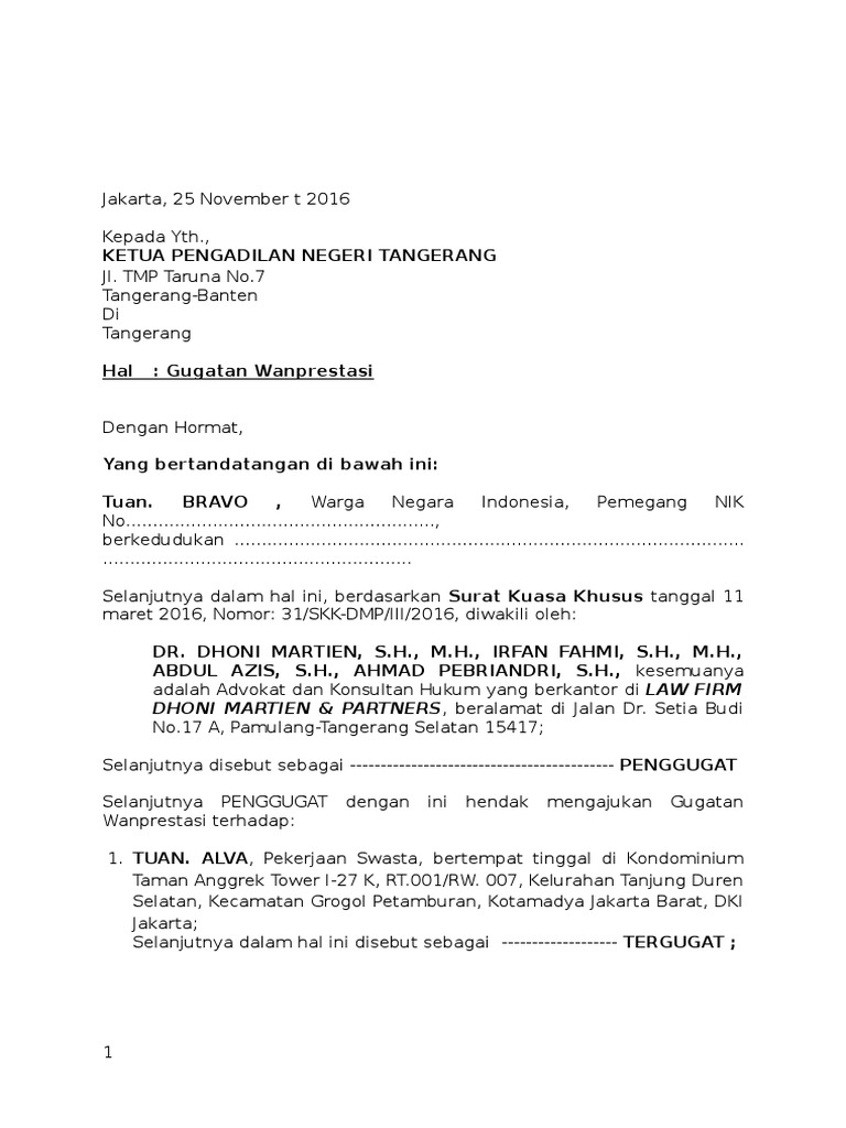 Contoh Gugatan Wanprestasi
