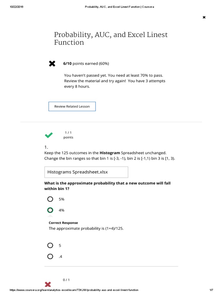 Probability, AUC, and Excel Linest Function Coursera PDF Receiver