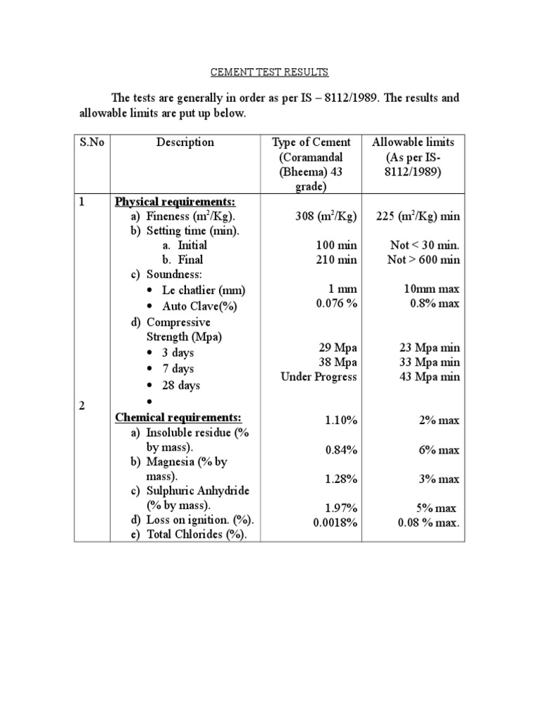 Cement and Steel Test Results Summary | PDF | Technology & Engineering