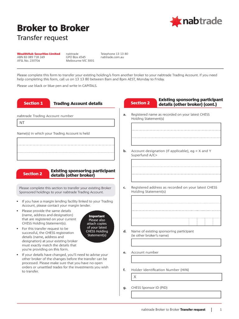 Nabtrade Broker to Broker Transfer Request Securities (Finance) Business