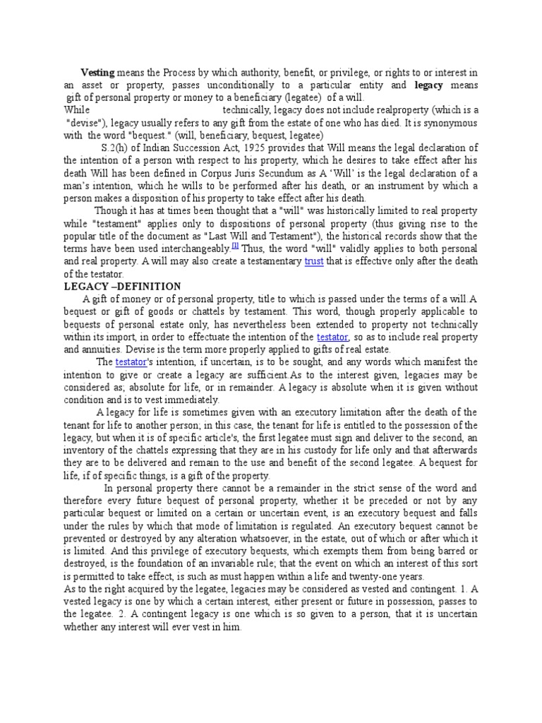 Types of Legacies in Indian Law | PDF | Bequest | Will And Testament