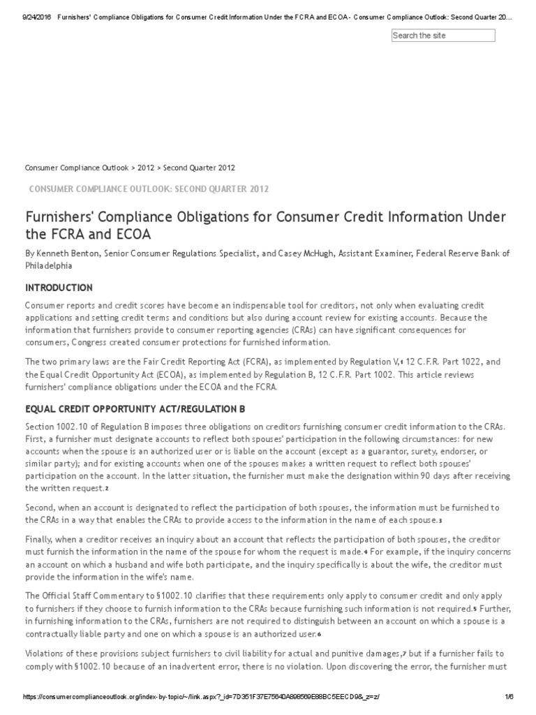 Furnishers' Compliance Obligations For Consumer Credit Information