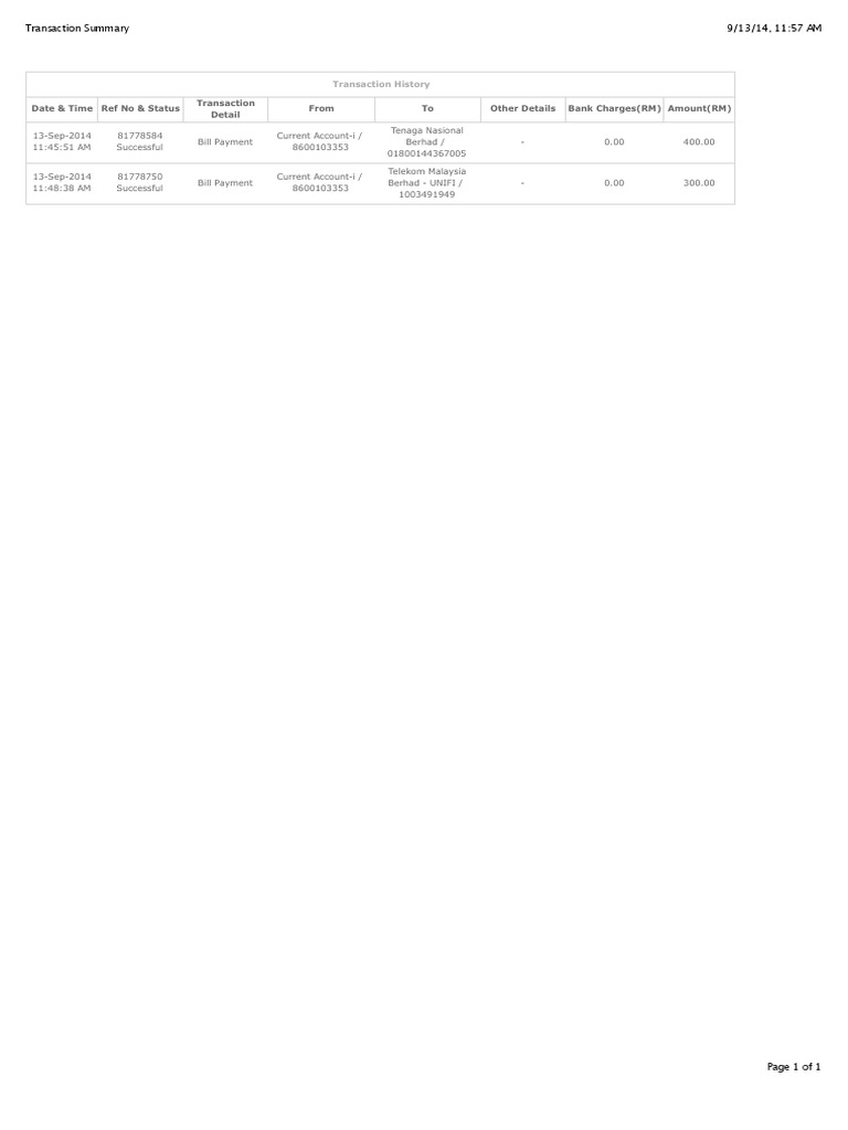 Transaction Summary for Bill Payments | PDF