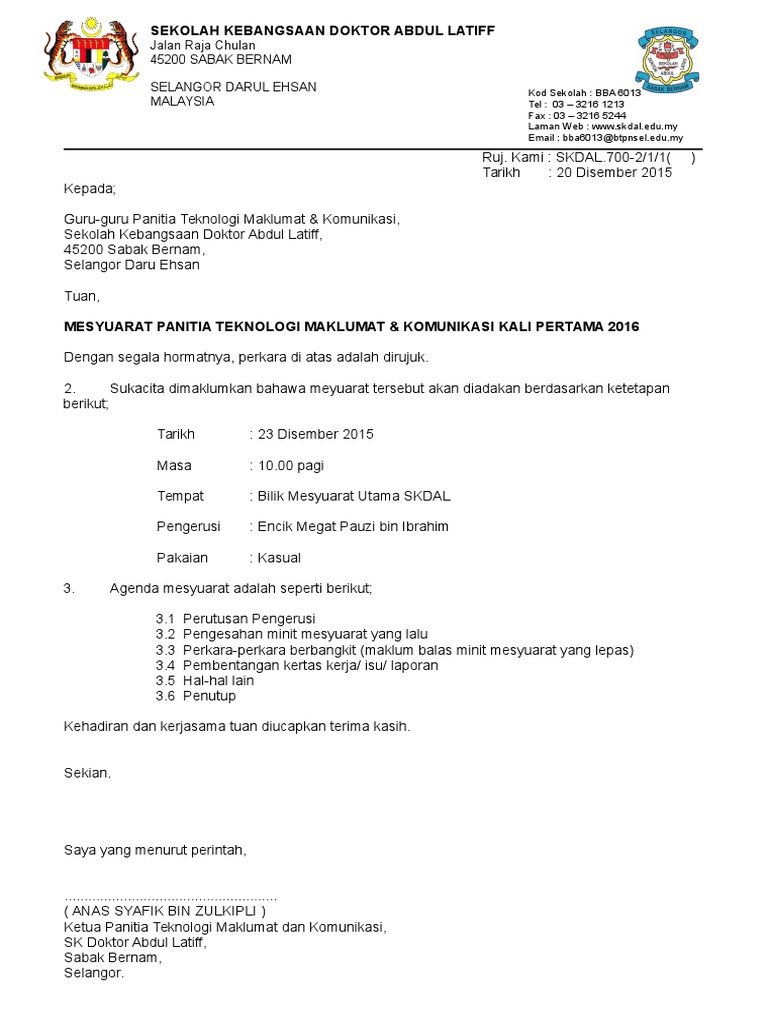 Format Surat Rasmi Panggilan Mensyuarat