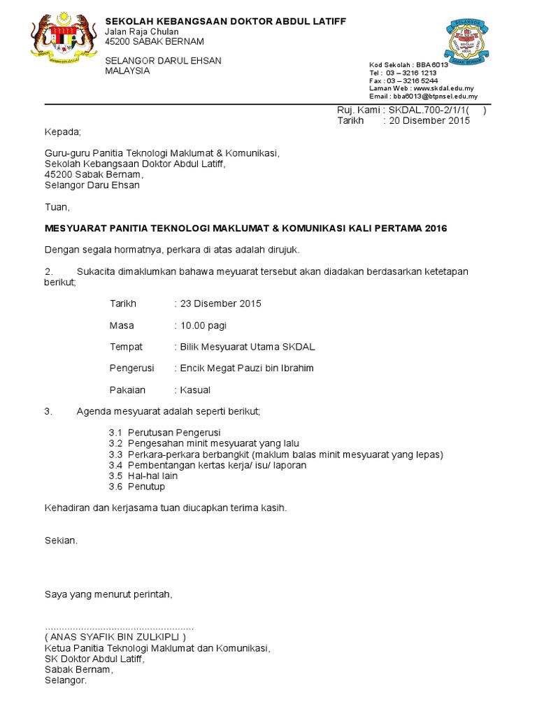 Contoh Surat Panggilan Mesyuarat Contoh Surat Panggilan Mesyuarat