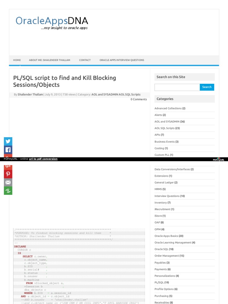 PLSQL Script To Find and Kill Blocking Sessions Objects PDF Oracle