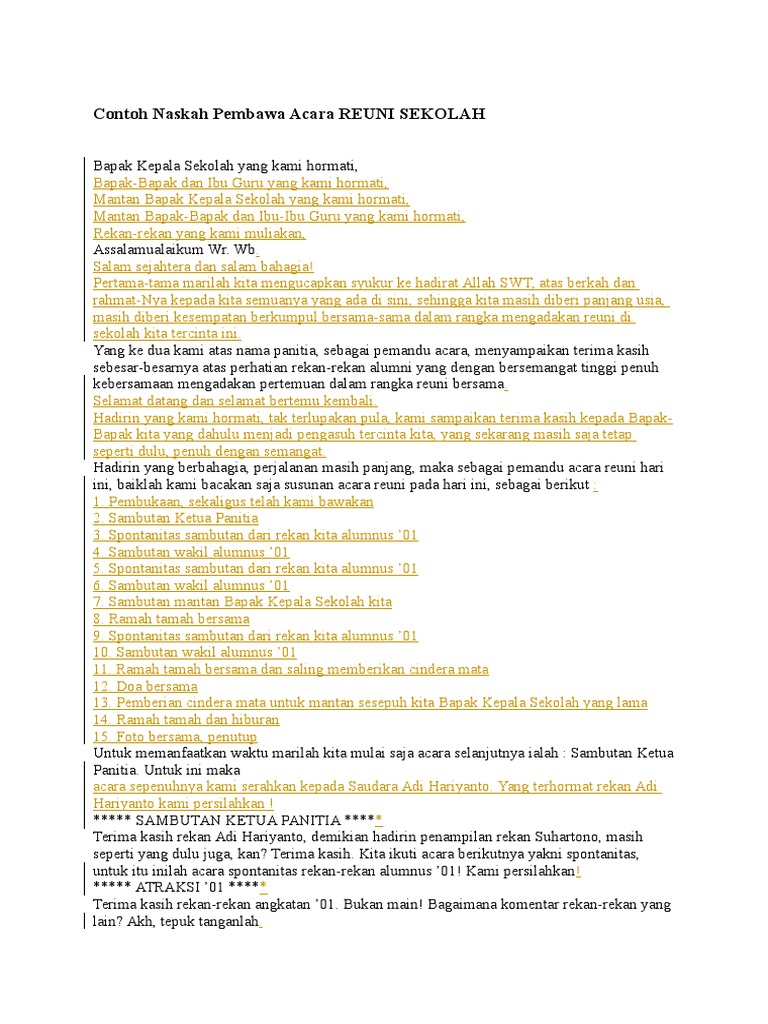 Contoh Naskah Pembawa Acara Reuni Sekolah