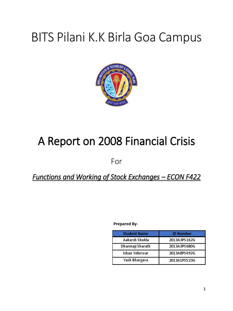 Project Report On 2008 Financial Crisis PDF Bear Stearns Lehman Brothers