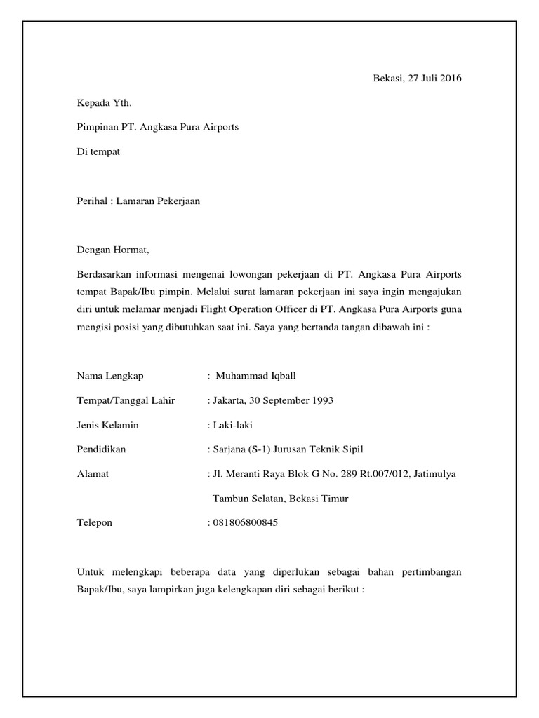 Surat Lamaran Kerja Flight Operation Officer Angakasa Pura Daftar Alamat BUMN di Jakarta.