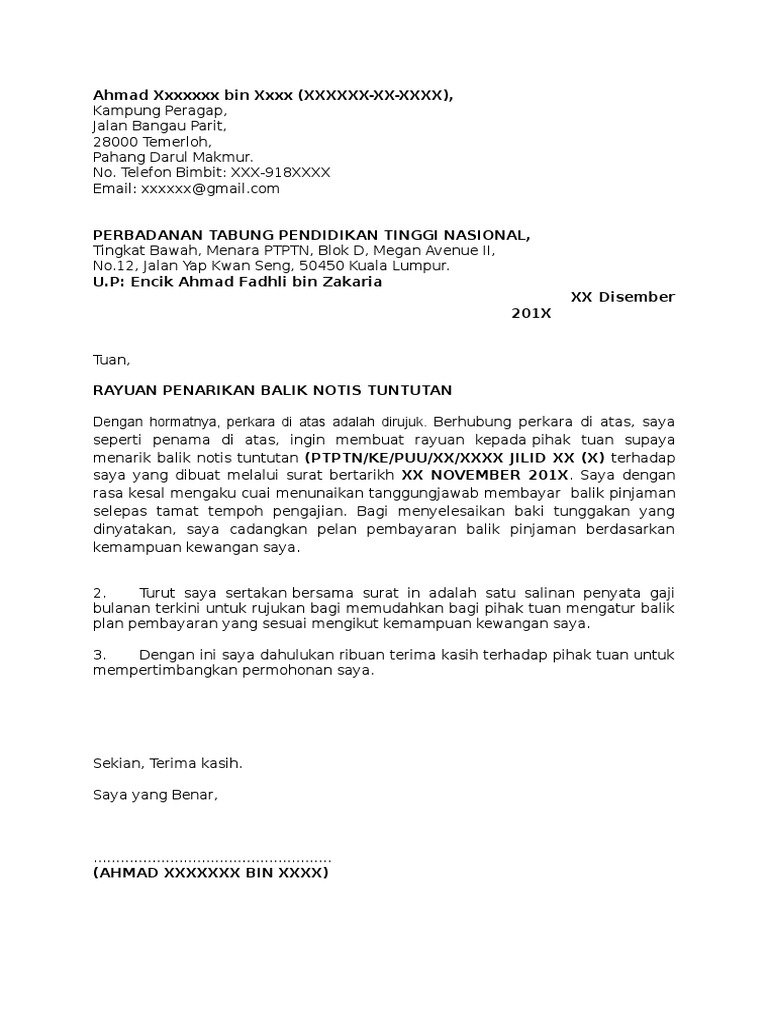 Contoh Surat Rayuan Penarikan Balik Notis Tuntutan Ptptn Pdf