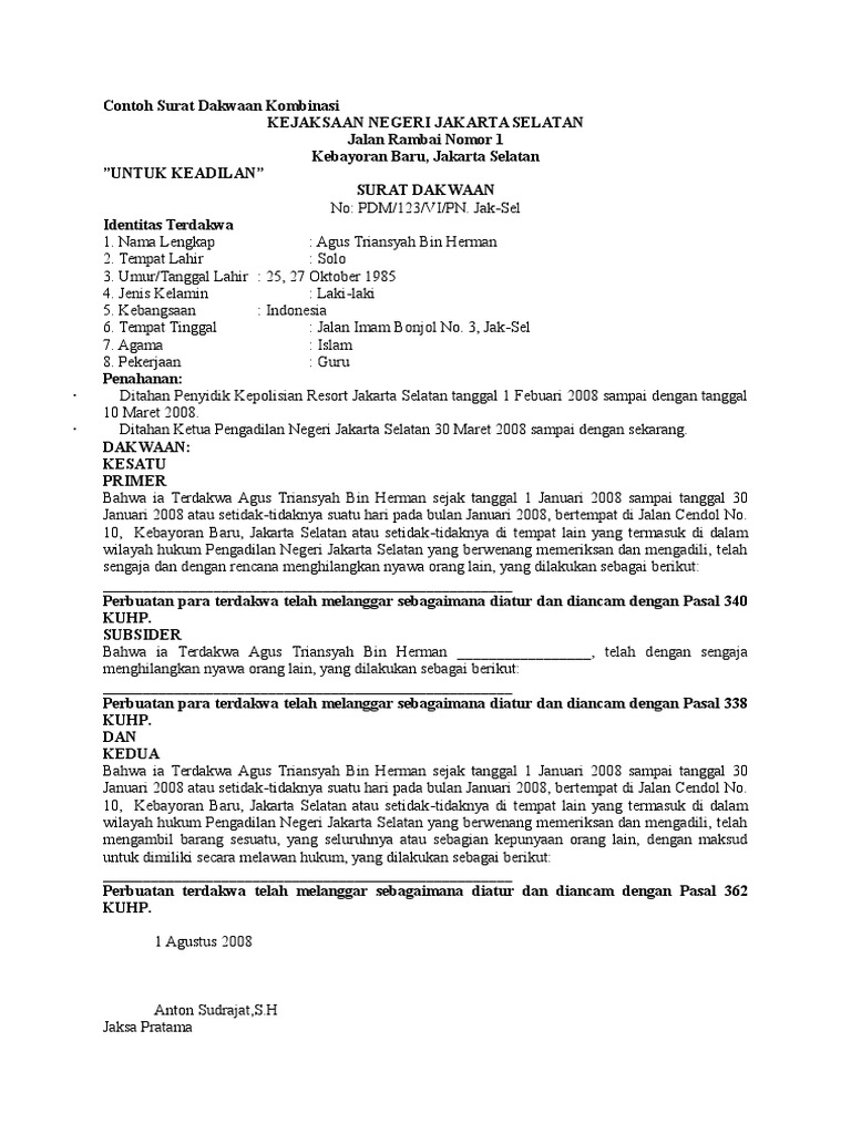 Contoh Format Surat Dakwaan Contoh Surat