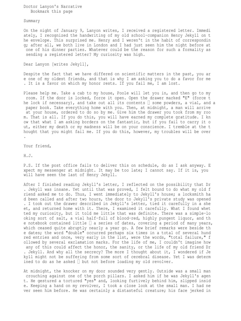 Doctor Lanyon's Narrative Strange Case Of Dr Jekyll And Mr Hyde Dr