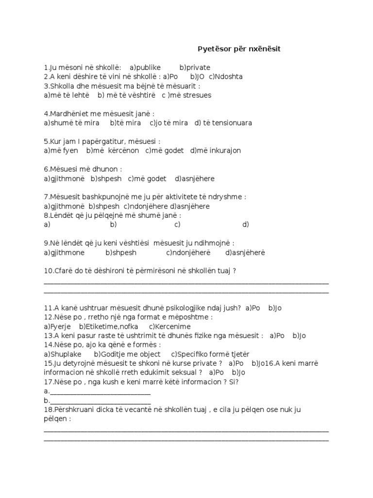 Pyetësor Për Nxënësit | PDF