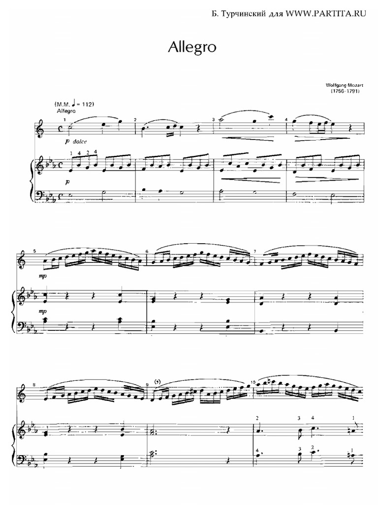 Allegro - W.A Mozart Alto Saxophone Score With Piano Accompaniment | PDF