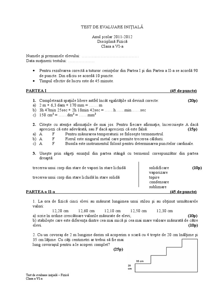 0 Test Initial Fizica Cls 6 | PDF
