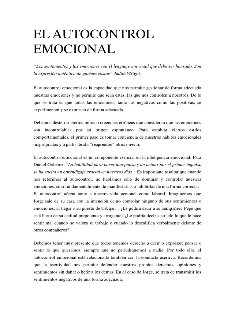 Autocontrol Emocional PDF Las emociones Inteligencia emocional