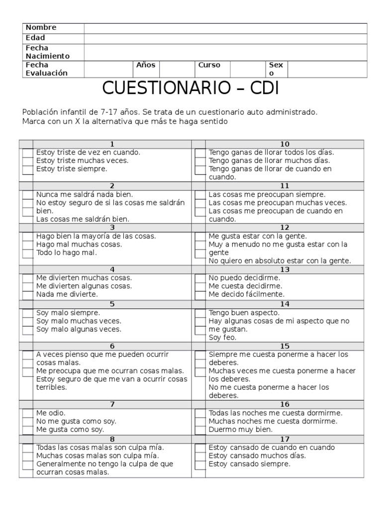 Cuestionario CDI para Depresión Infantil | PDF