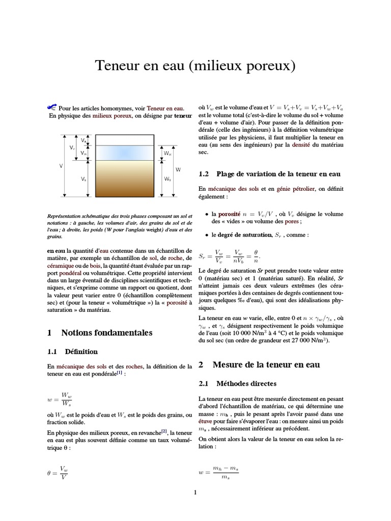 Teneur en Eau Porosité Eau