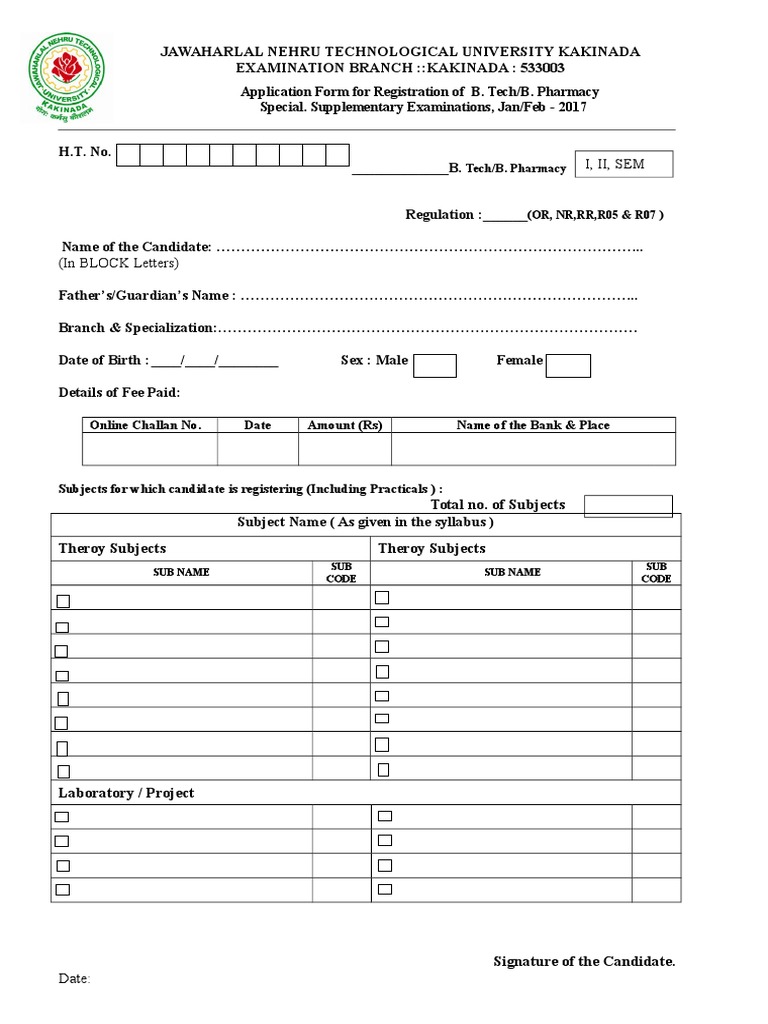 I, Ii, Sem: Application Form For Registration of B. Tech/B. Pharmacy ...