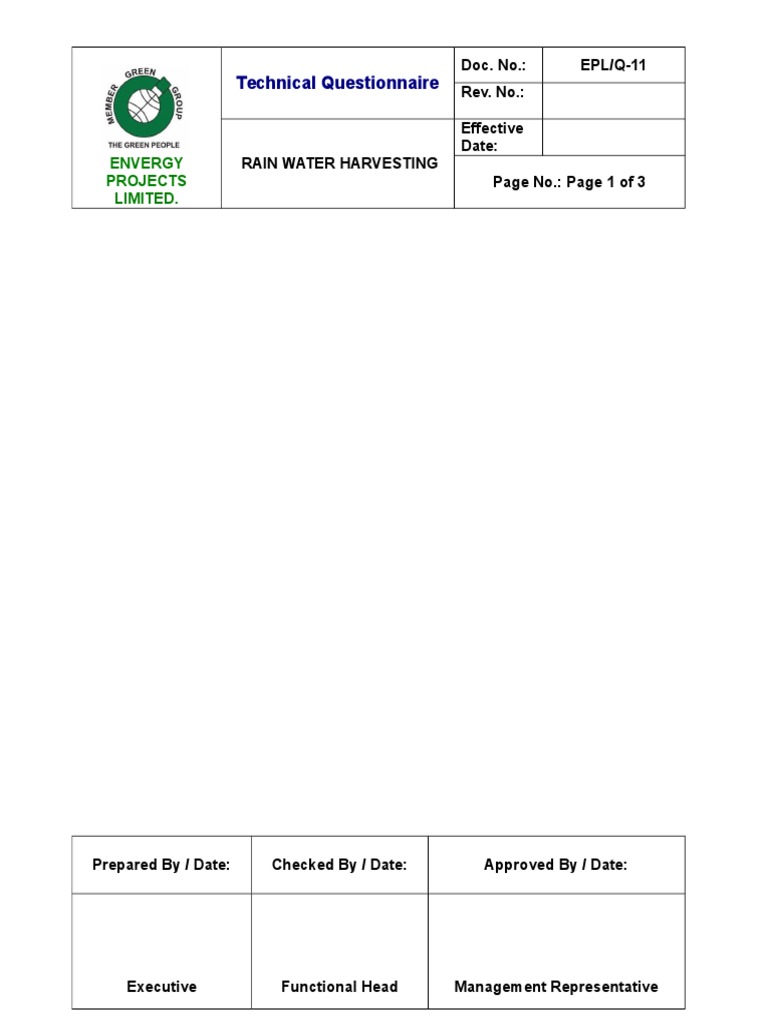Rain Water Harvesting Project Questionnaire | PDF | Technology ...