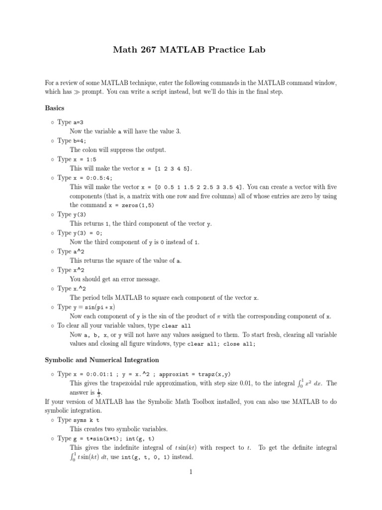 Math 267 MATLAB Practice Lab | PDF | Matlab | Function (Mathematics)