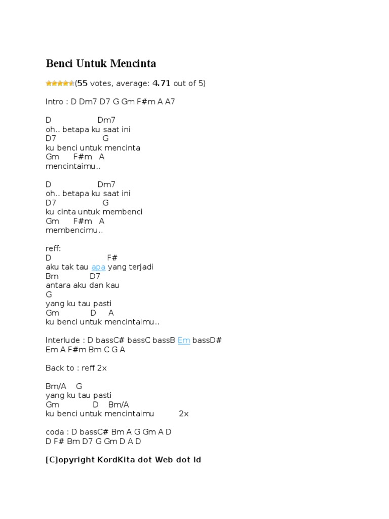 Benci Untuk Mencinta Chord Easy