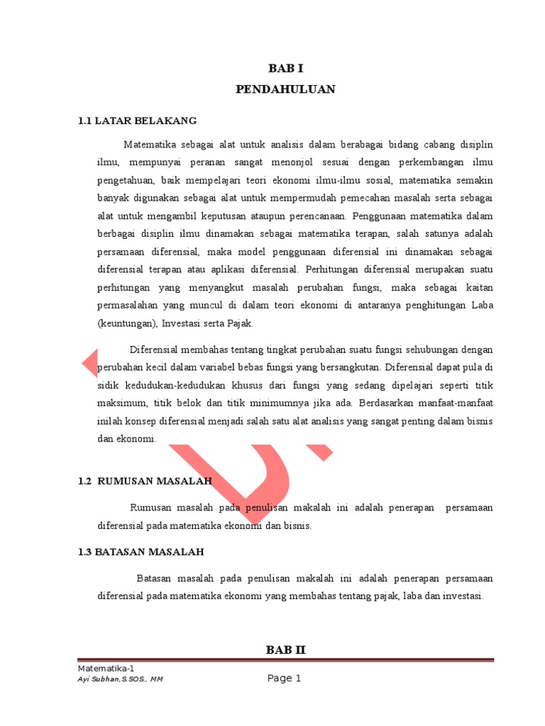 Makalah Diferensial Dalam Ekonomi Dan Bisnis