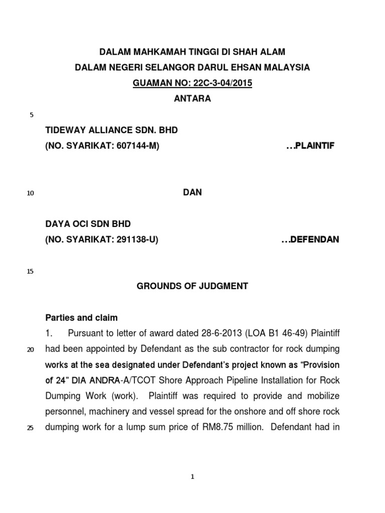 22c 3 04 2015 Tideway Alliance V Daya Oci Bhd Pdf Common Law Legal Concepts