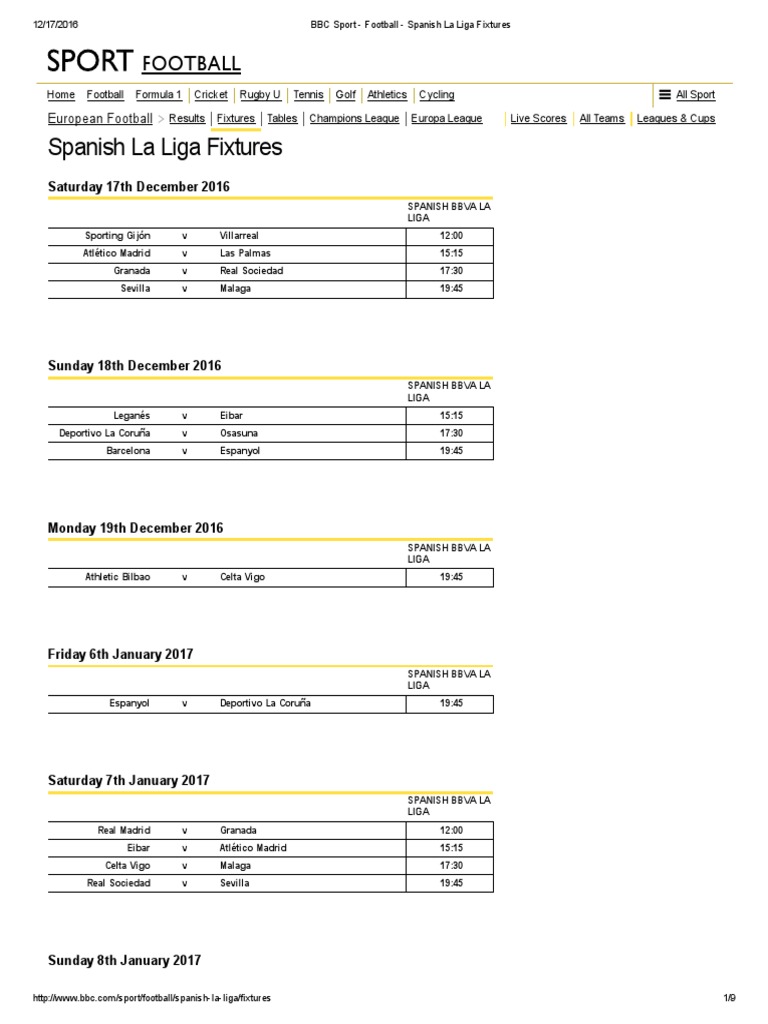 BBC Sport Football Spanish La Liga Fixtures PDF La Liga Fc