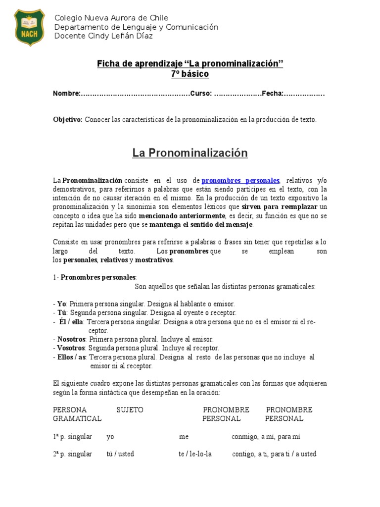 Pronominalización: Definición y Ejemplos | PDF | Pronombre | Plural