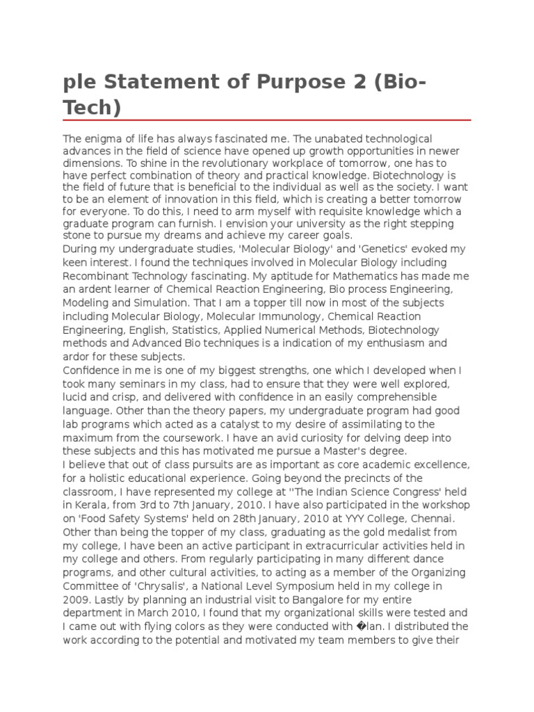 Sample Statement of Purpose Biotechnology Doctor Of Philosophy