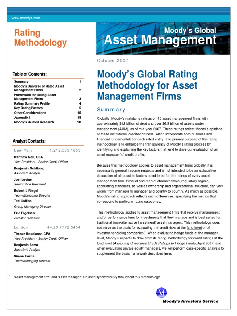 Moody's Methodology for Asset Management Firms Investment Management Moody's Investors