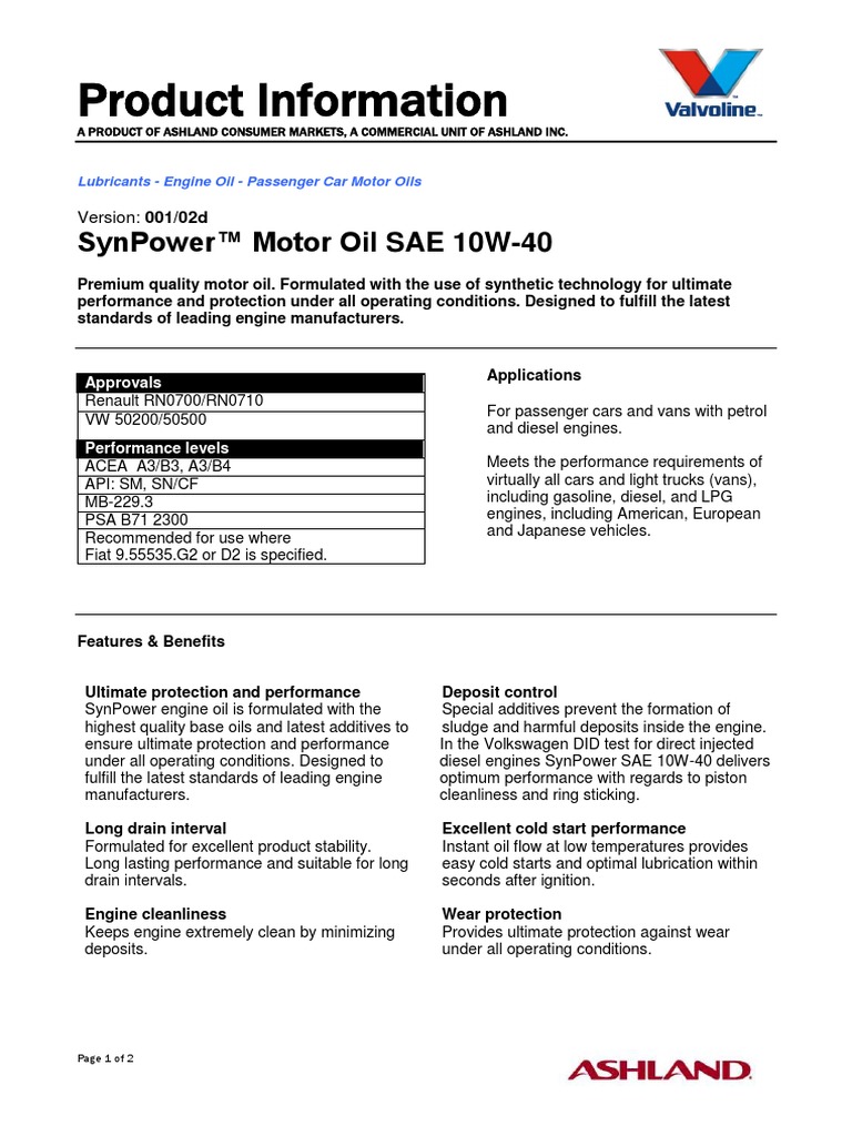 Product Information: Synpower™ Motor Oil Sae 10W-40 | PDF | Motor Oil ...