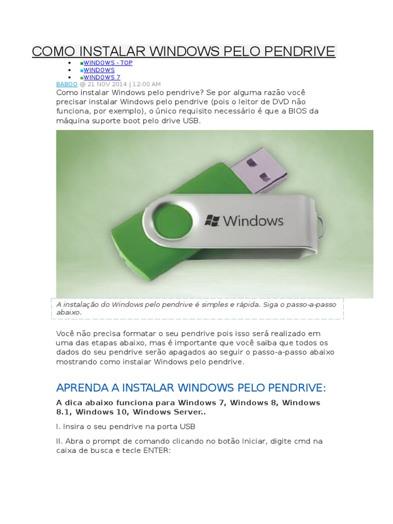 Instalar Windows Pelo Pendrive | PDF | Pen-drive | Microsoft Windows
