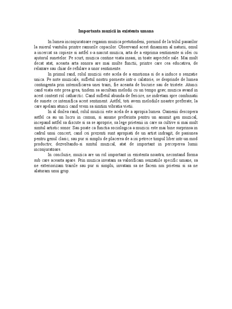 Importanta Muzicii in Existenta Umana | PDF