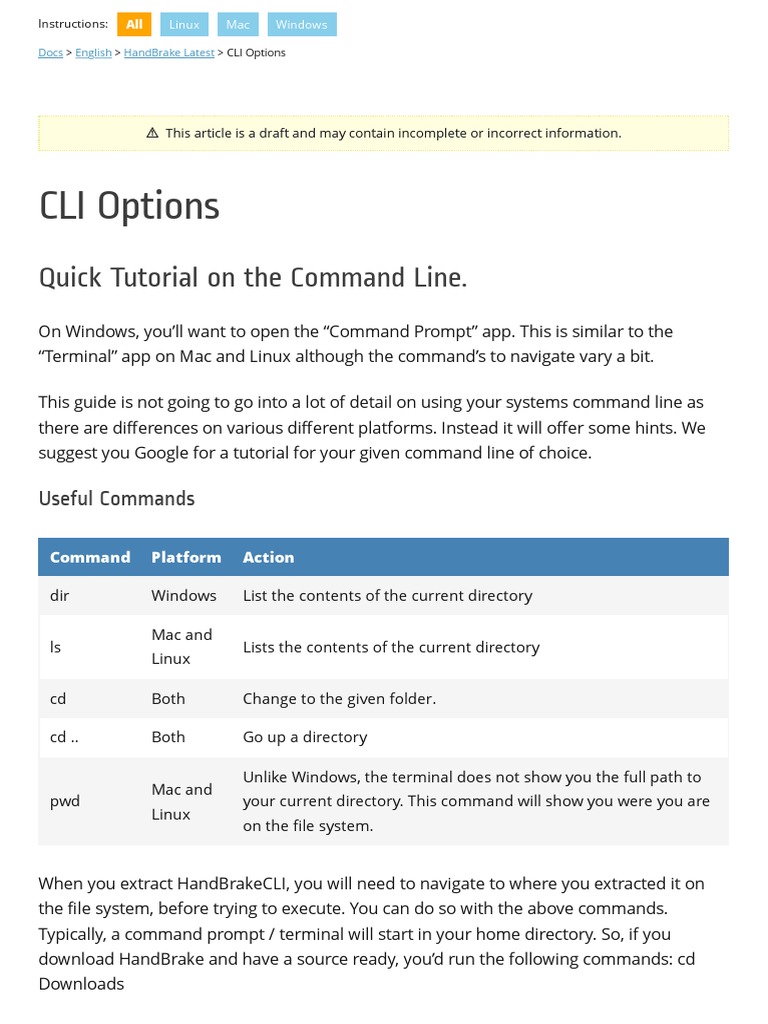 HandBrake Documentation CLI Options PDF Command Line Interface