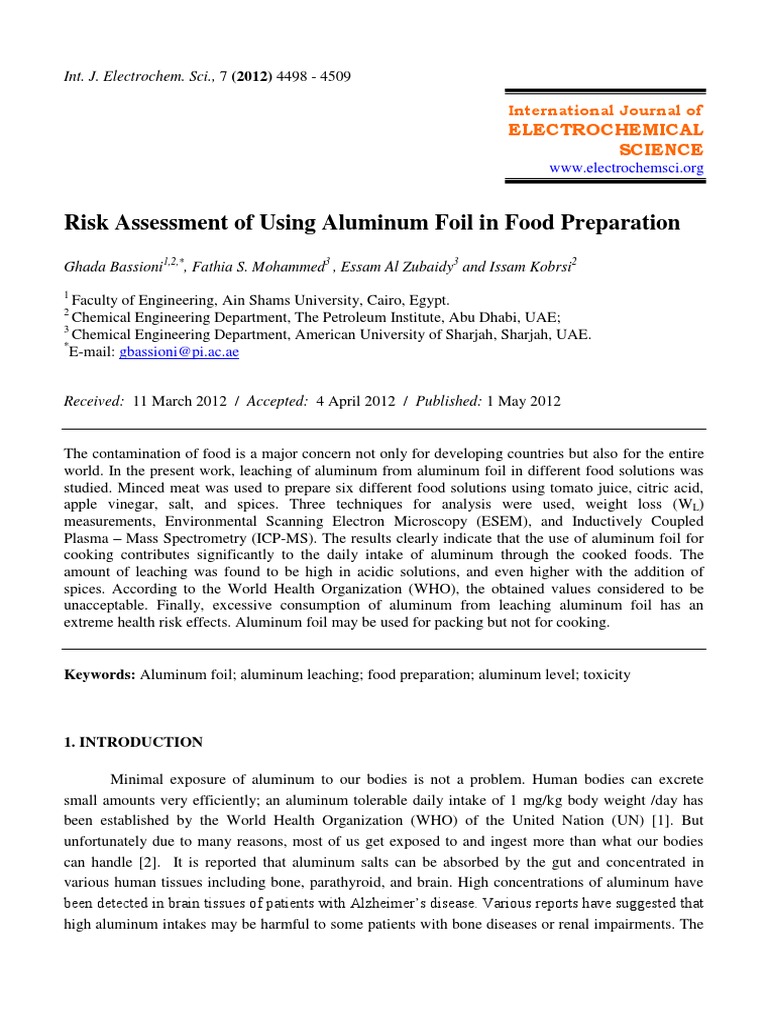 Risk Assessment of Using Aluminum Foil in Food Preparation PDF