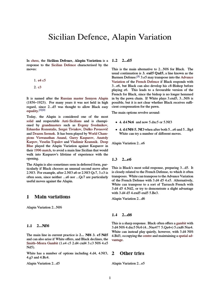 Alapin Variation in Sicilian Defence | PDF