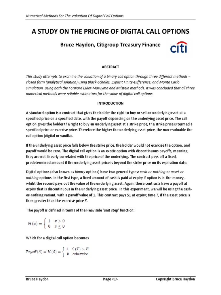 A Study Pricing Digital Call Options Using Numerical Methods | PDF ...