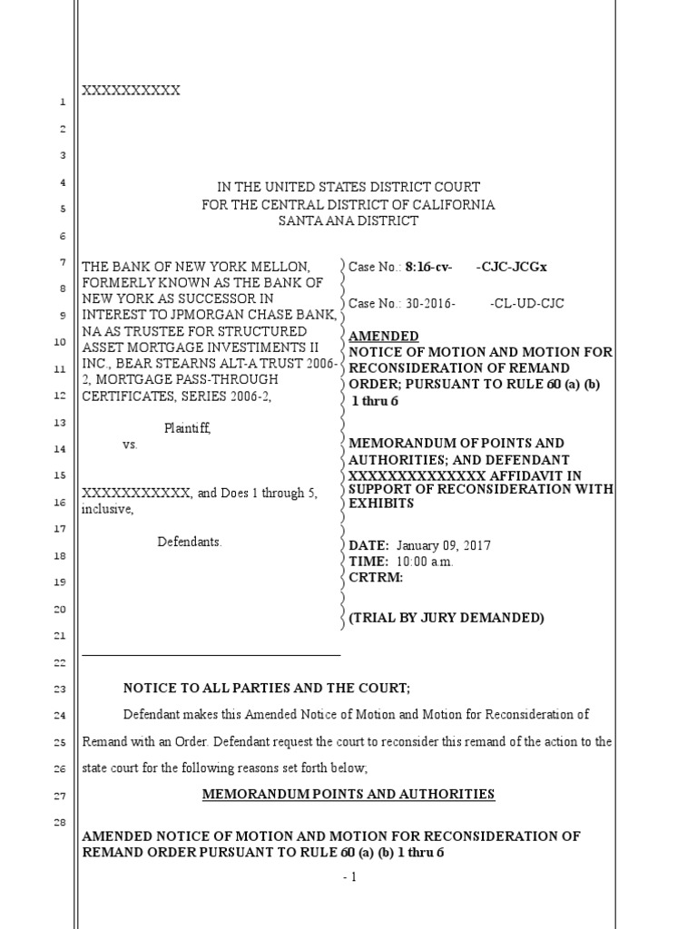 Amended Notice of Motion for Order to Reconsider Remand to State Court ...