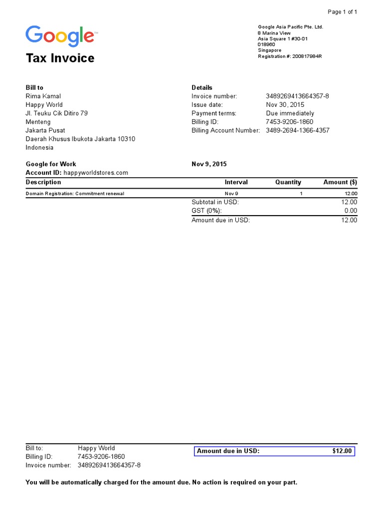 Google Asia Pacific Tax Invoice | PDF