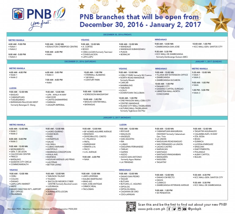 PNB Holiday Schedule PDF Philippines