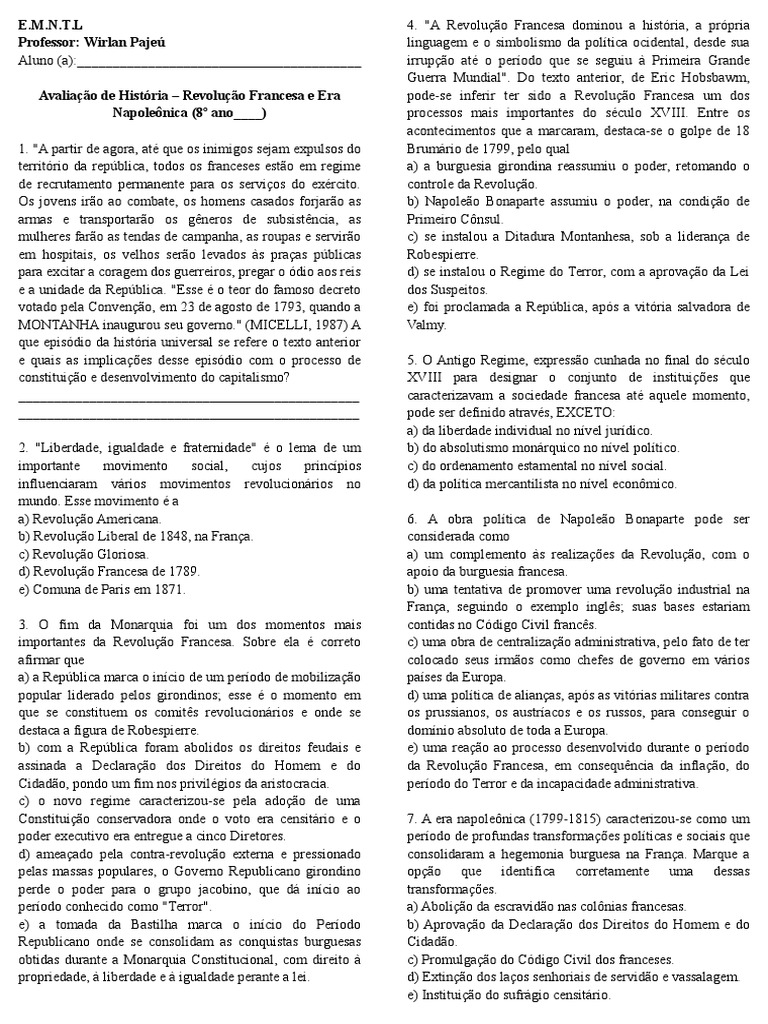 Exercicios De Historia Revolução Francesa 8o Ano