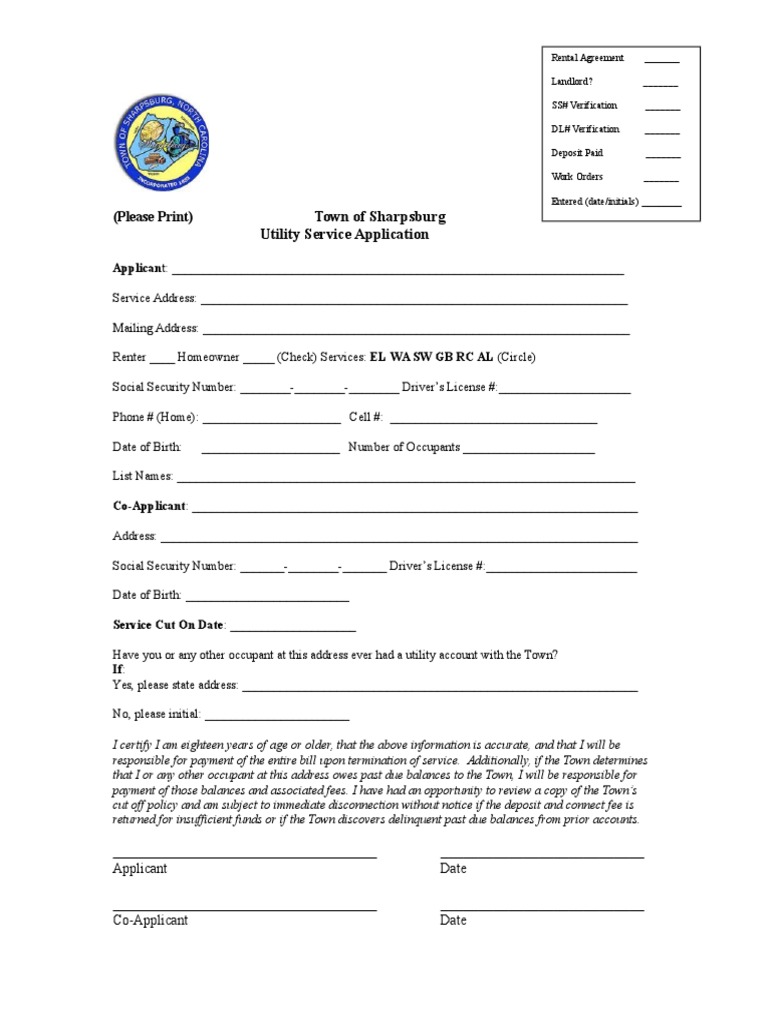 ) Town of Sharpsburg Utility Service Application PDF