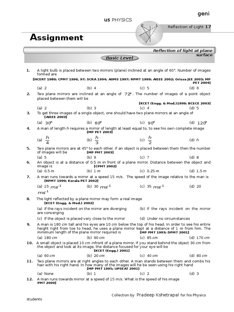 Reflection of Light Assignments and Problems | PDF | Lens (Optics) | Mirror