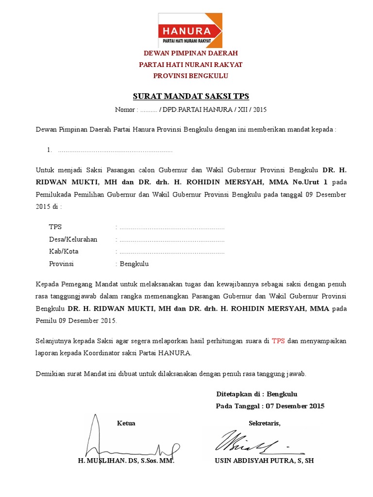 Formuliar Saksi Calon Dari Partai Hanura