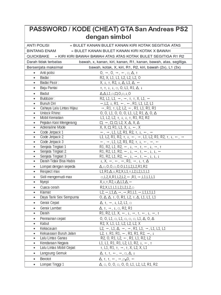 Kode Cheat Anti Polisi GTA PS2 | PDF