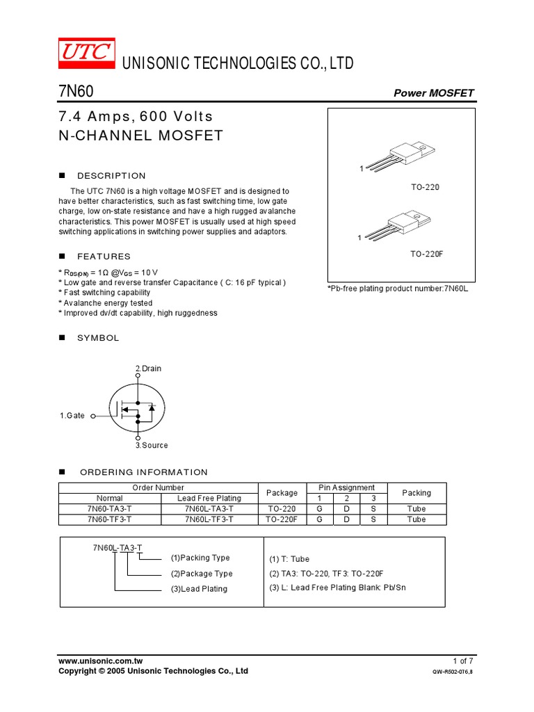 7N60.pdf | Mosfet | Field Effect Transistor