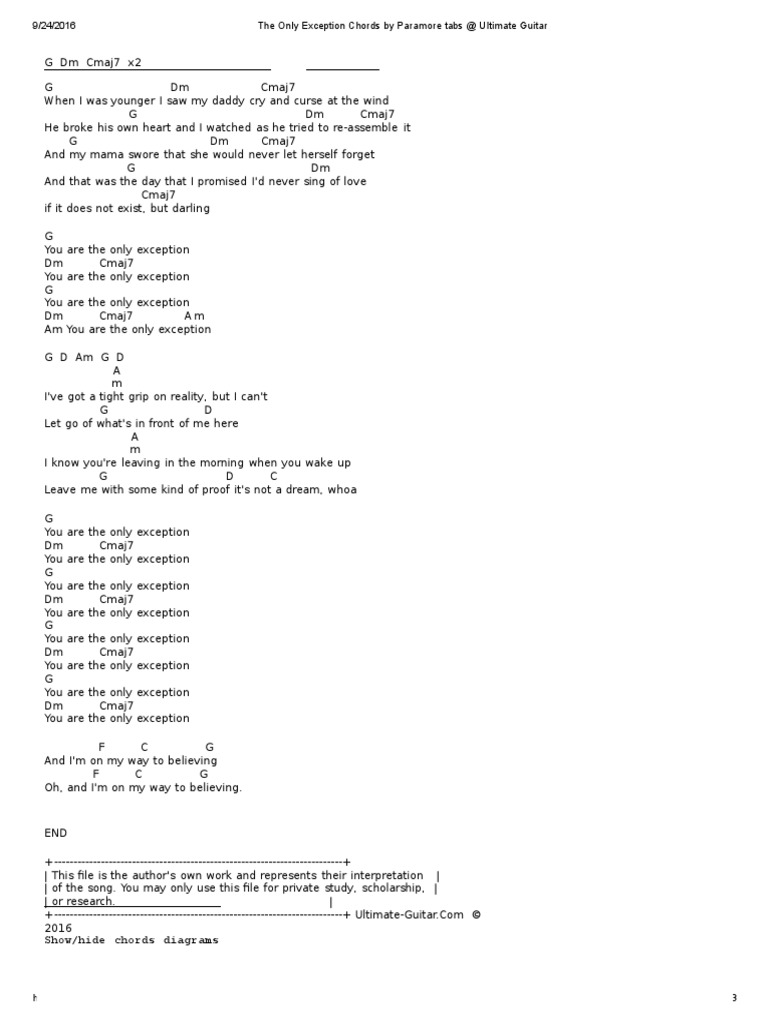 The Only Exception Chords by Paramore Tabs at Ultimate Guitar Archive PDF